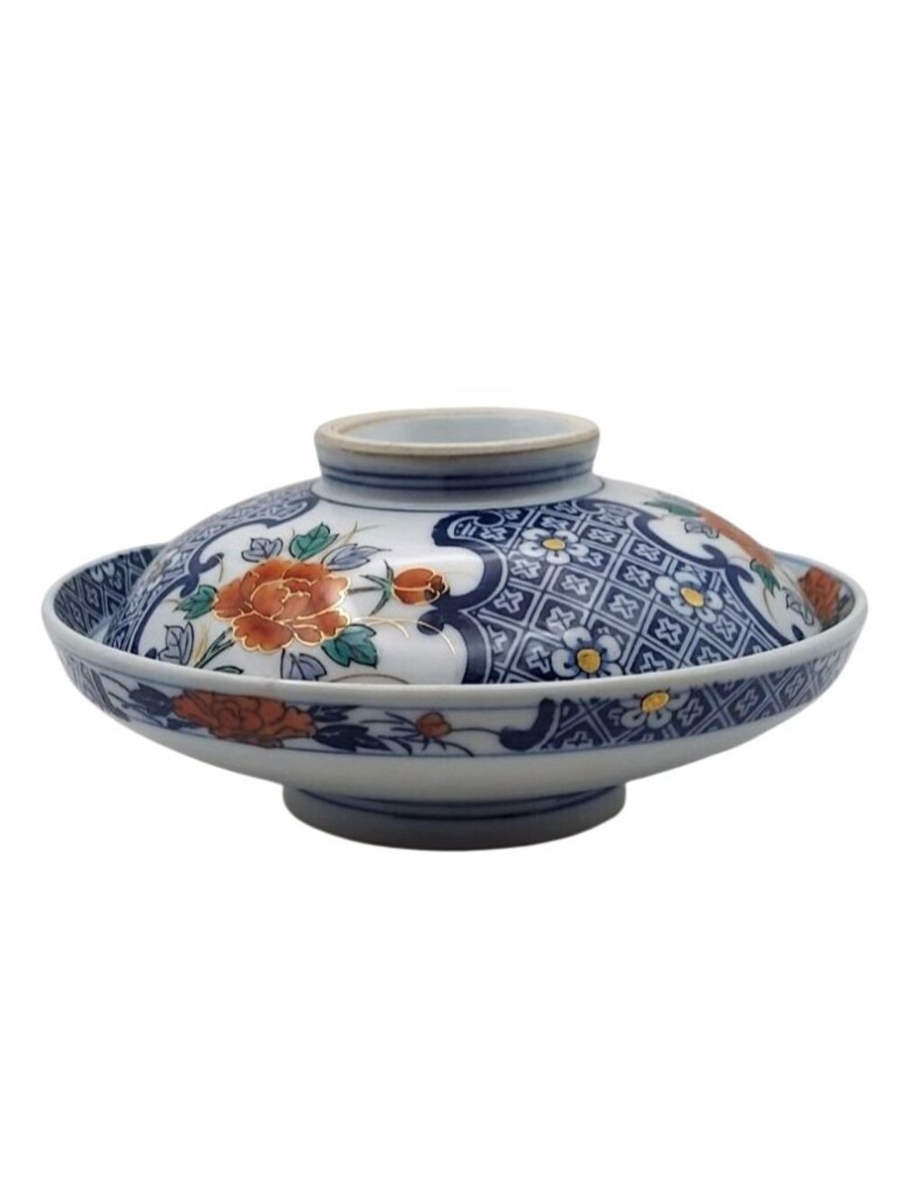 Vintage Imari Hand Painted Floral Porcelain Covered Rice Noodle Bowl Japan
